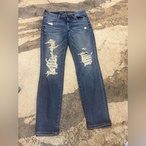 American Eagle Outfitters Women's Dark Blue Ripped Skinny Jeans